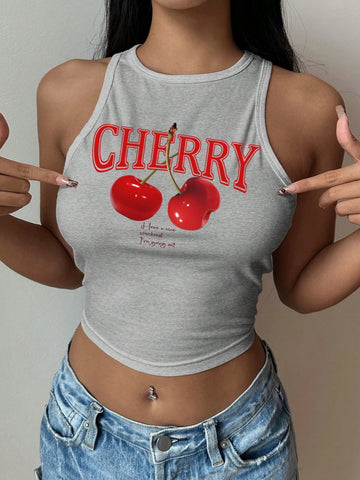 EZwear Women's Cherry Pattern Casual Simple Slim Fit Crop Tank Top