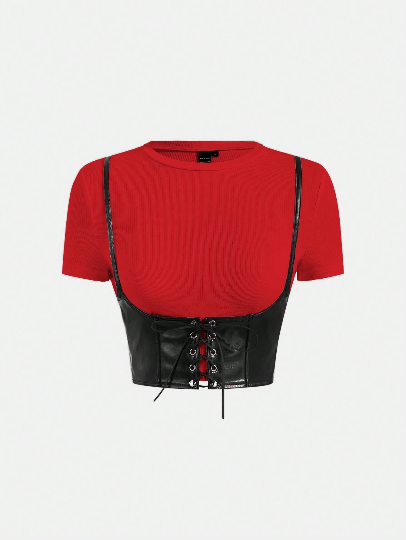 MOD 2 In 1 Lace Up Pu Leather And Different Material Splicing Short-Sleeved Round Neck Tee shein
