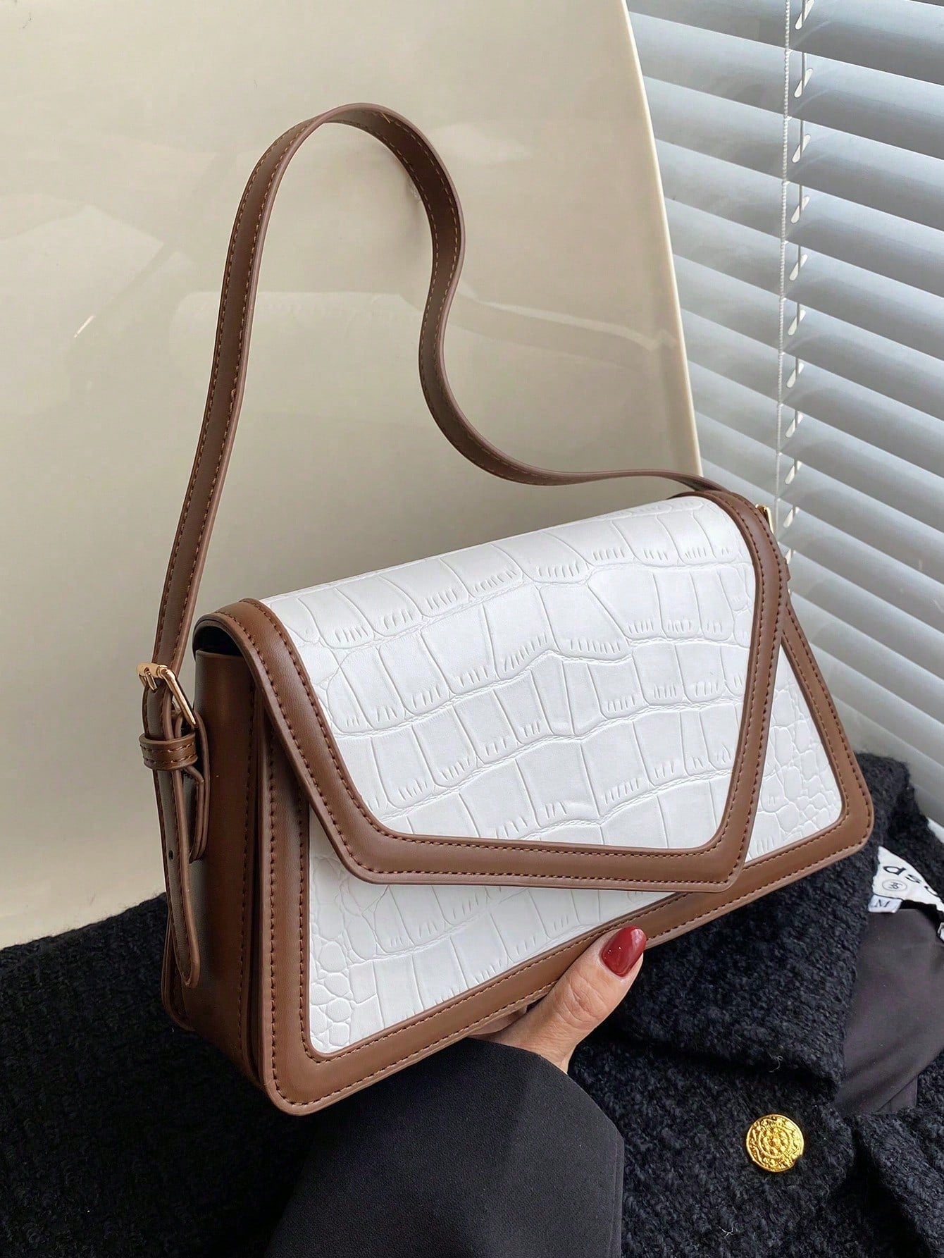 1pc Fashionable Color-Block Crocodile Pattern Diamond Checkered Flap Zipper Vintage Simple Shoulder Bag
