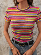 Clasi Houndstooth Print Short Sleeve Knit T-Shirt shein