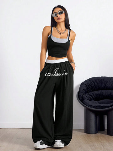 Coolane Women's Summer Casual Sport Knit Two Fake Pieces Tank Tops & Sweatpants