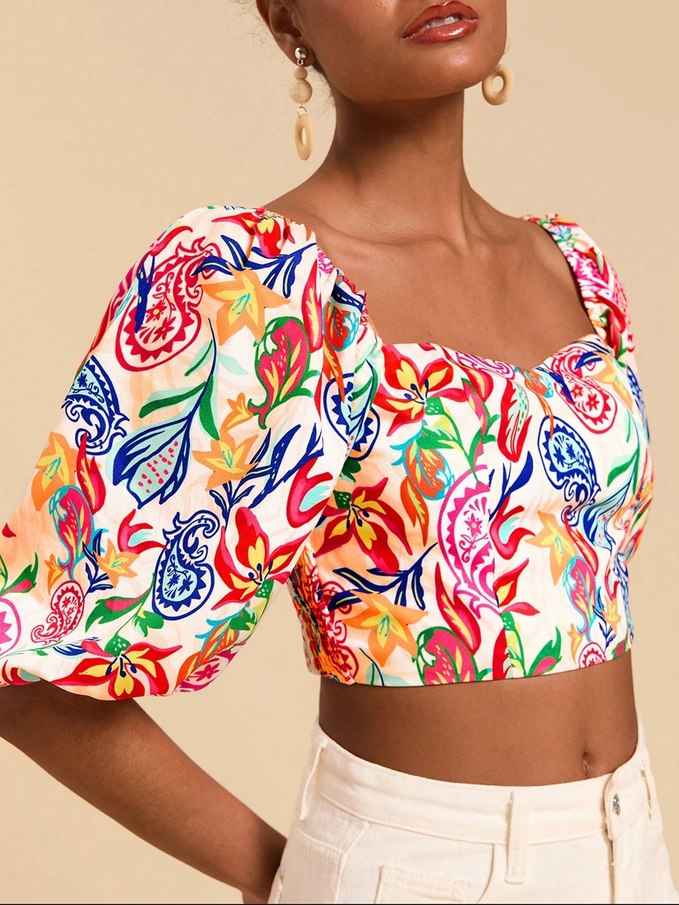 VCAY Floral Print Sweetheart Neck Blouse shein