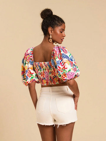 VCAY Floral Print Sweetheart Neck Blouse