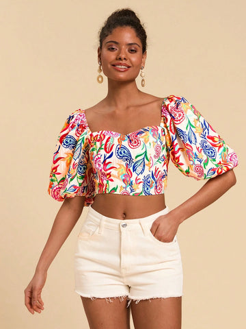 VCAY Floral Print Sweetheart Neck Blouse