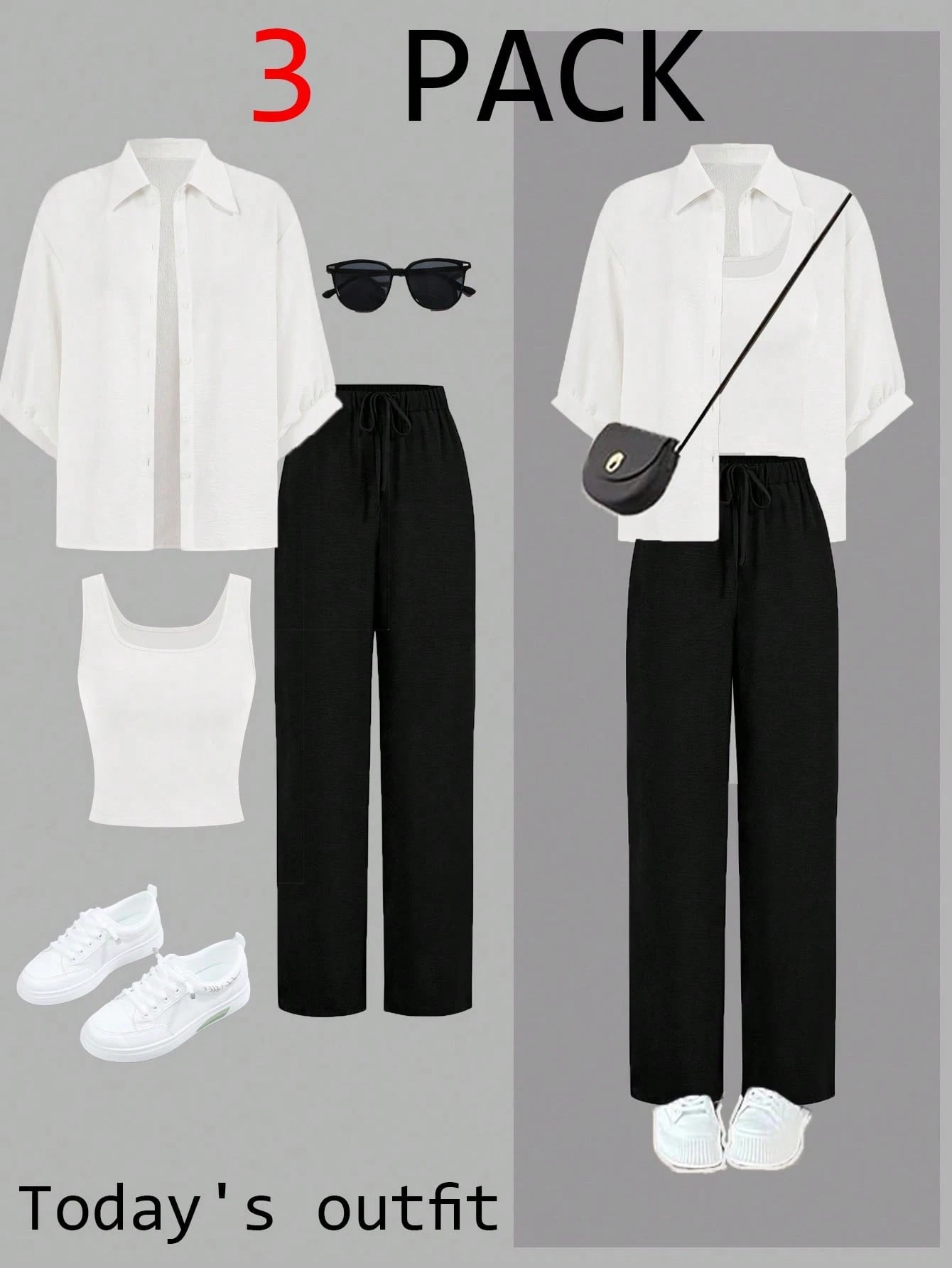 Luneh Square Neck Fitted Crop Top With Elastic Waist Bowknot Belt And Wide-Leg Pants + Vintage Leopard Print Button-Up Shirt shein