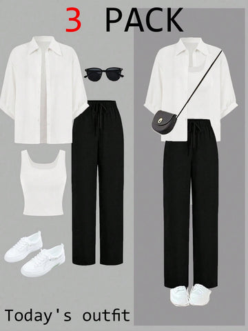 Luneh Square Neck Fitted Crop Top With Elastic Waist Bowknot Belt And Wide-Leg Pants + Vintage Leopard Print Button-Up Shirt