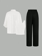 Luneh Square Neck Fitted Crop Top With Elastic Waist Bowknot Belt And Wide-Leg Pants + Vintage Leopard Print Button-Up Shirt shein