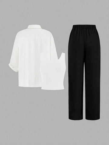 Luneh Square Neck Fitted Crop Top With Elastic Waist Bowknot Belt And Wide-Leg Pants + Vintage Leopard Print Button-Up Shirt