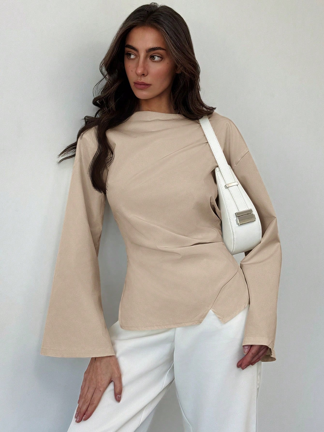 Aloruh Scoop Neck Flared Sleeve Cropped Office Lady Blouse shein