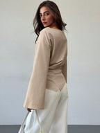 Aloruh Scoop Neck Flared Sleeve Cropped Office Lady Blouse shein