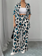 Women Casual Leopard Print Shirt And Pants Set shein