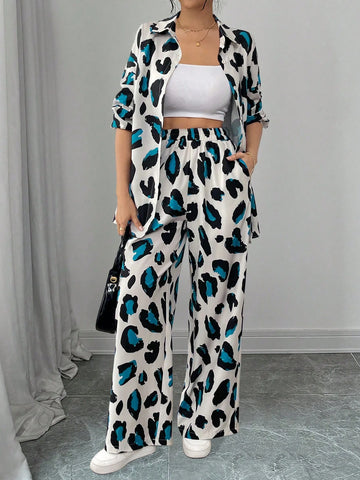 Women Casual Leopard Print Shirt And Pants Set