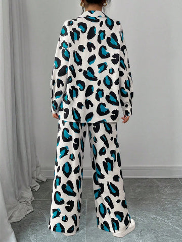Women Casual Leopard Print Shirt And Pants Set