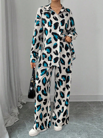 Women Casual Leopard Print Shirt And Pants Set