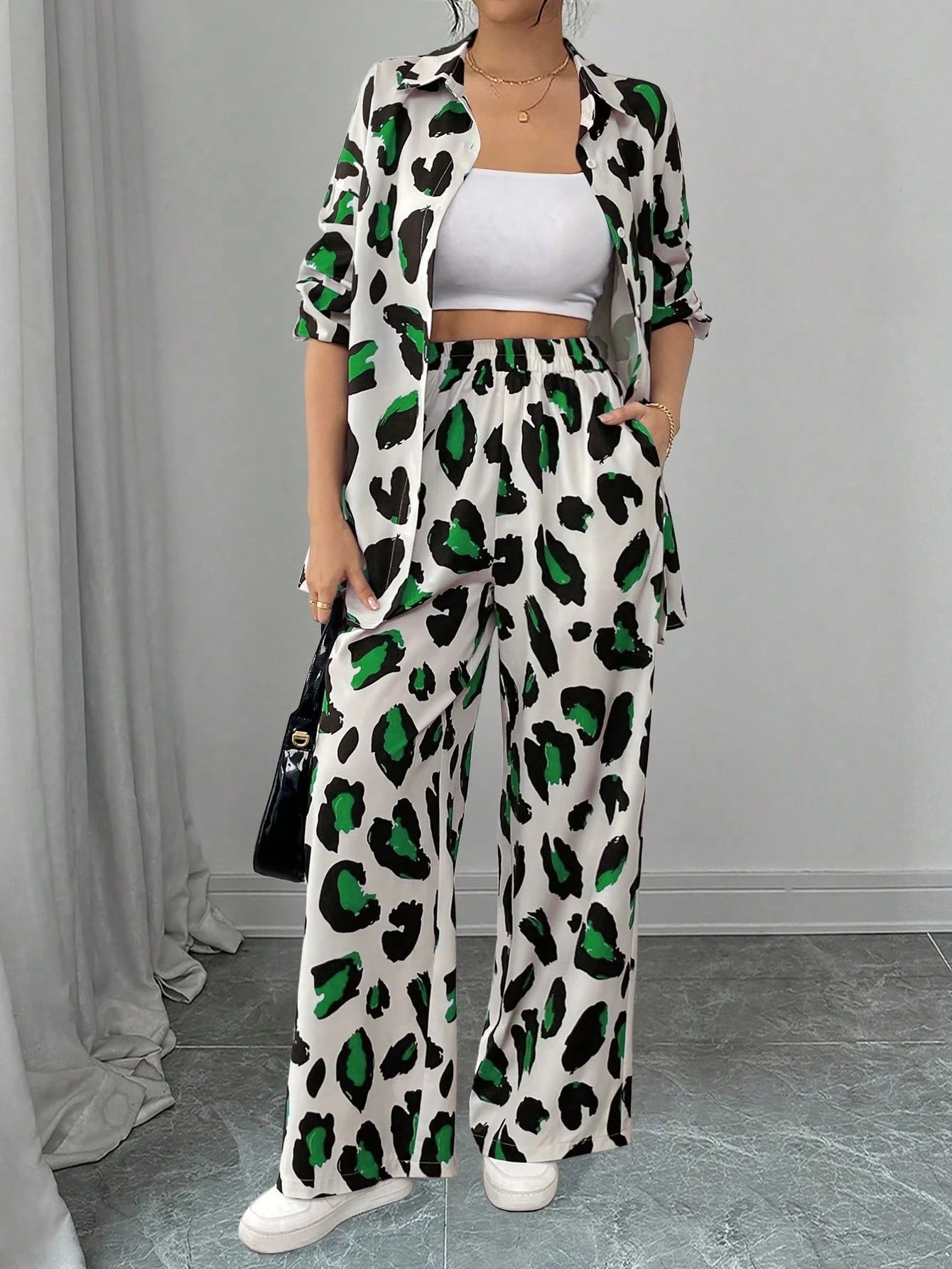 Women Casual Leopard Print Shirt And Pants Set shein