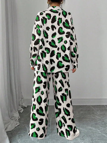 Women Casual Leopard Print Shirt And Pants Set