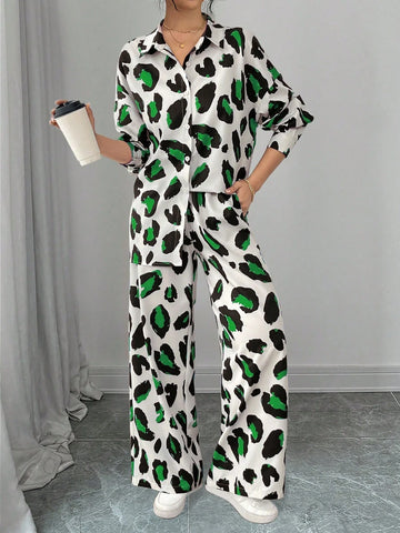 Women Casual Leopard Print Shirt And Pants Set