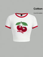 EZwear Women's Red&White Colorblock Short Sleeve T-Shirt With Cherry Prints shein