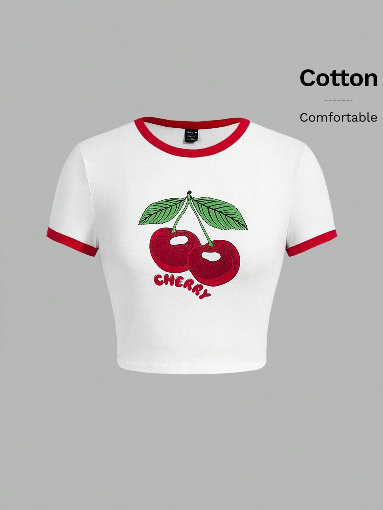 EZwear Women's Red&White Colorblock Short Sleeve T-Shirt With Cherry Prints shein