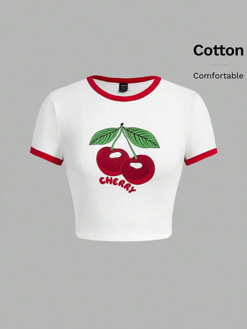 EZwear Women's Red&White Colorblock Short Sleeve T-Shirt With Cherry Prints