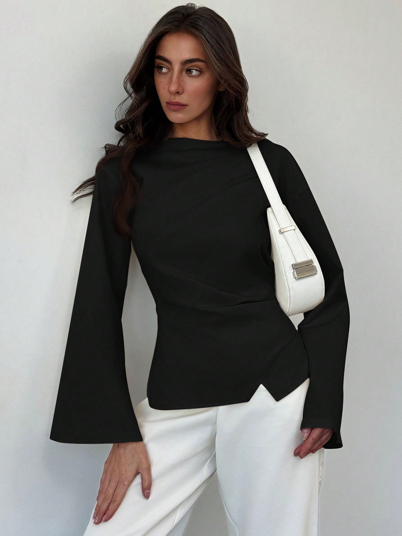 Aloruh Scoop Neck Flared Sleeve Cropped Office Lady Blouse shein
