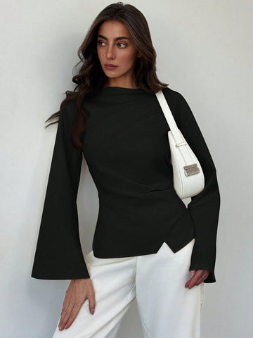 Aloruh Scoop Neck Flared Sleeve Cropped Office Lady Blouse