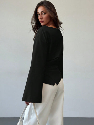 Aloruh Scoop Neck Flared Sleeve Cropped Office Lady Blouse