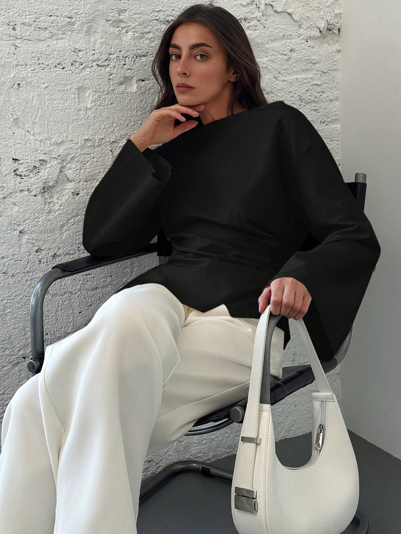 Aloruh Scoop Neck Flared Sleeve Cropped Office Lady Blouse shein