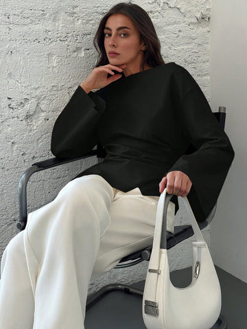 Aloruh Scoop Neck Flared Sleeve Cropped Office Lady Blouse