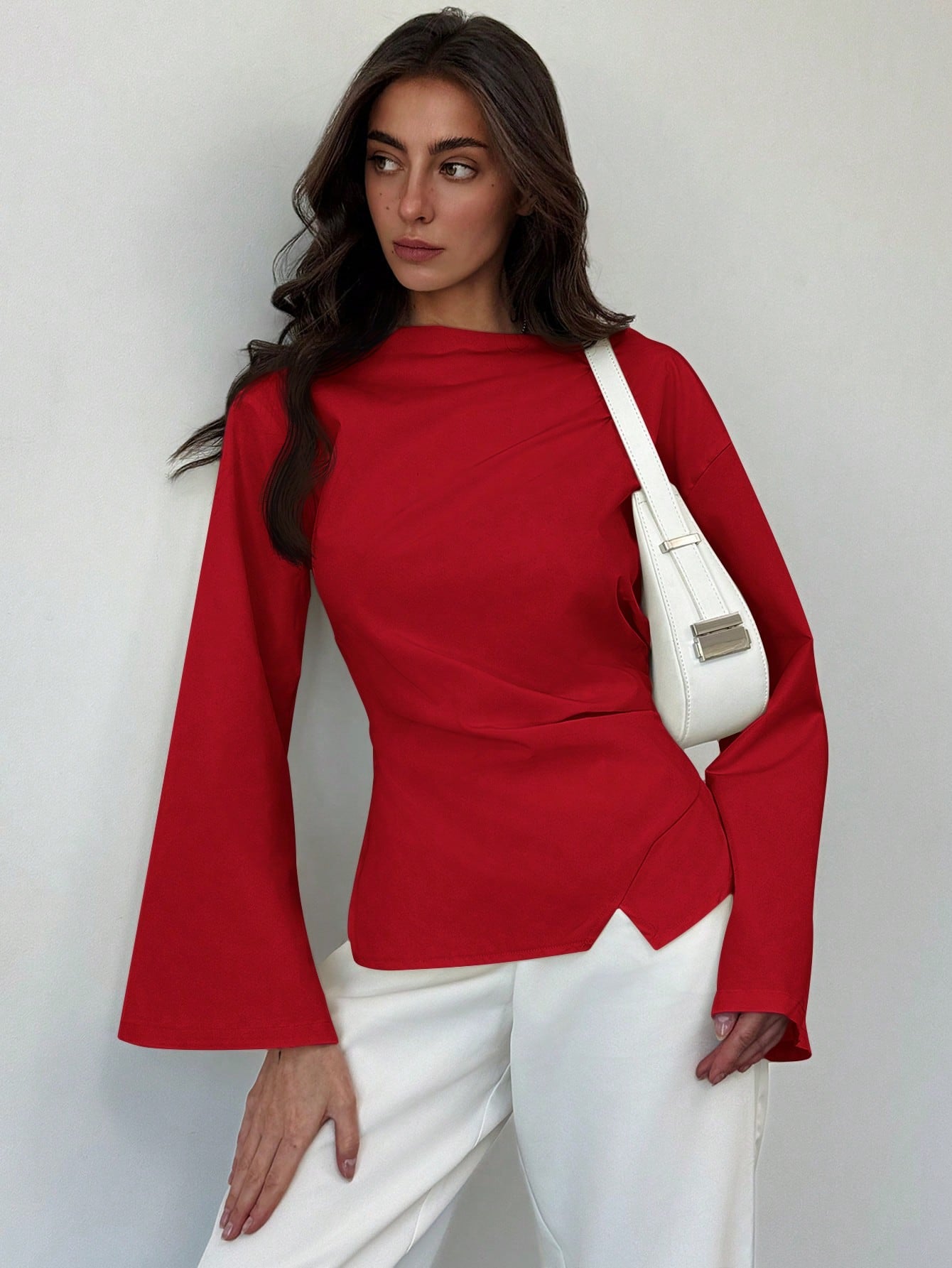 Aloruh Scoop Neck Flared Sleeve Cropped Office Lady Blouse shein