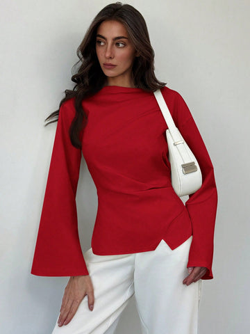 Aloruh Scoop Neck Flared Sleeve Cropped Office Lady Blouse