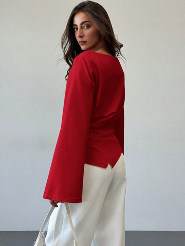 Aloruh Scoop Neck Flared Sleeve Cropped Office Lady Blouse