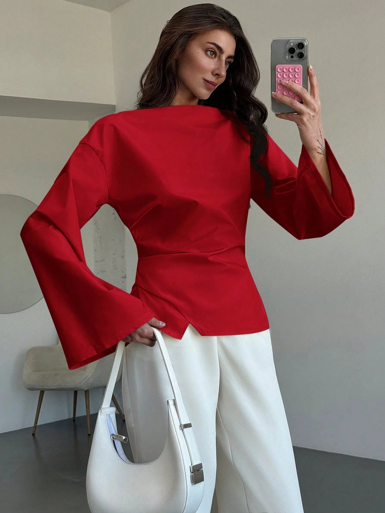 Aloruh Scoop Neck Flared Sleeve Cropped Office Lady Blouse shein