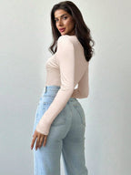 Sophisticated Fashion Hollow Rose Metal Ornament Black Tight Long Sleeve T-Shirt shein