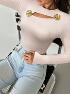 Sophisticated Fashion Hollow Rose Metal Ornament Black Tight Long Sleeve T-Shirt shein