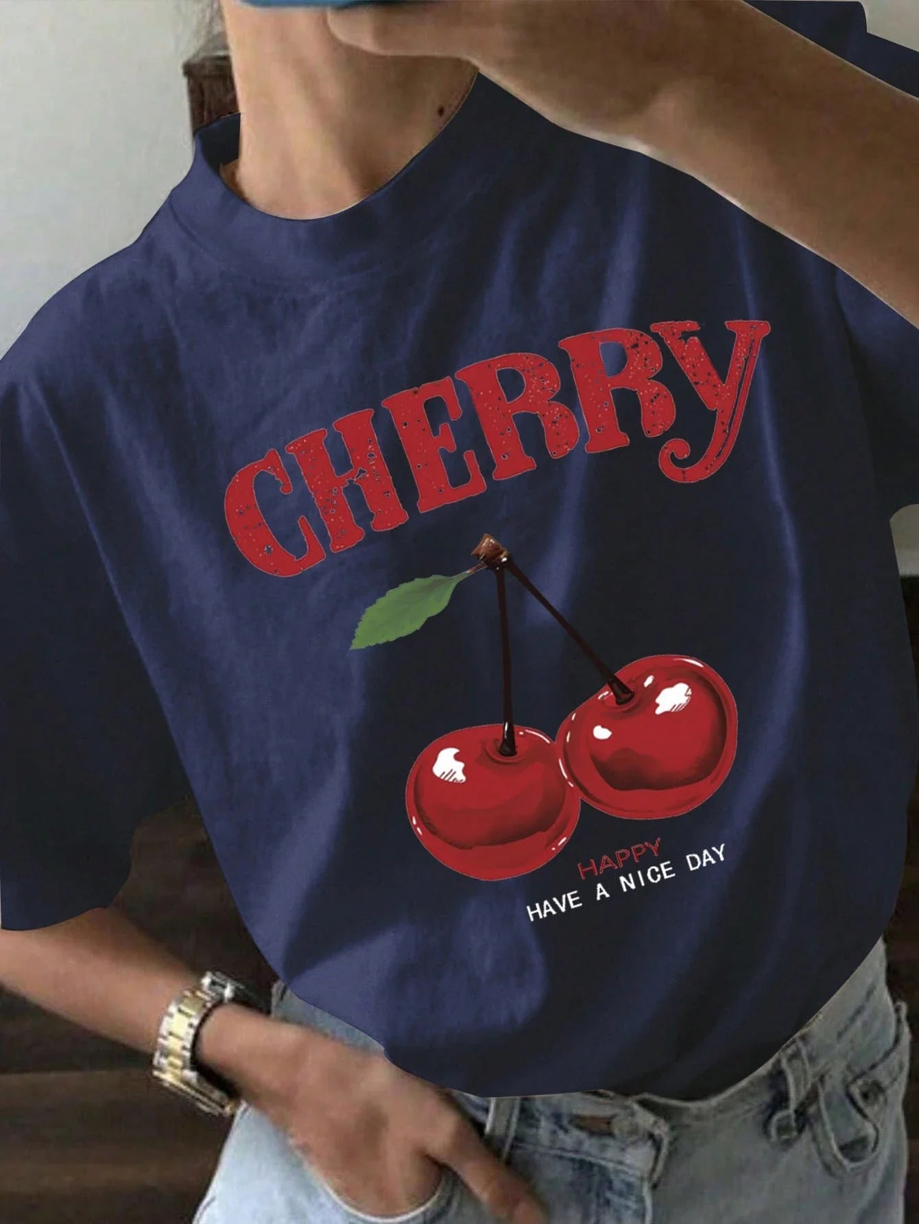 EZwear Oversized Casual Cherry Pattern Round Neck Short Sleeve T-Shirt shein