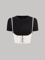 MOD 2 In 1 Lace Up Pu Leather And Different Material Splicing Short-Sleeved Round Neck Tee shein