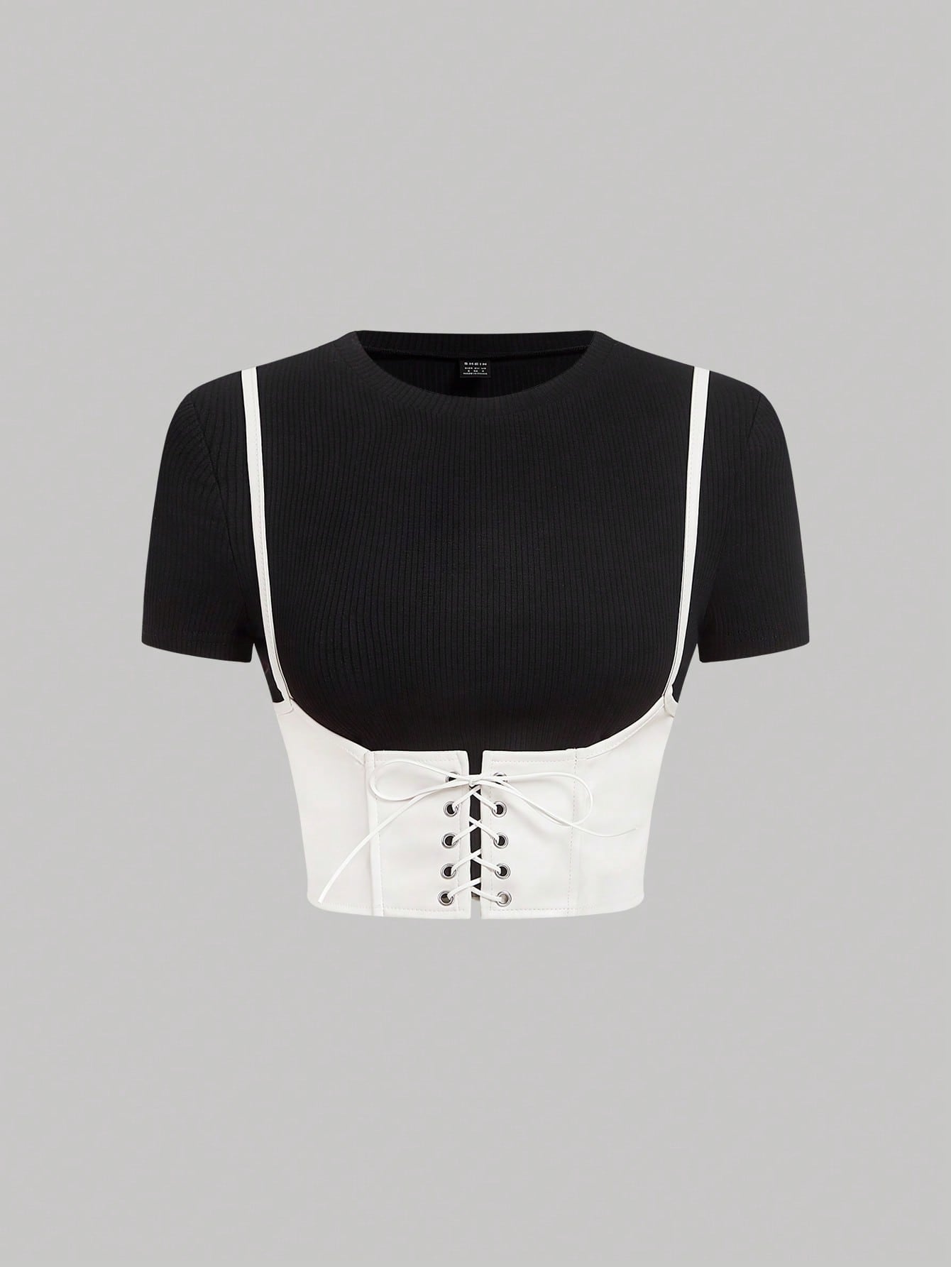 MOD 2 In 1 Lace Up Pu Leather And Different Material Splicing Short-Sleeved Round Neck Tee shein
