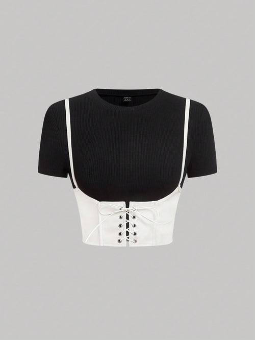MOD 2 In 1 Lace Up Pu Leather And Different Material Splicing Short-Sleeved Round Neck Tee shein
