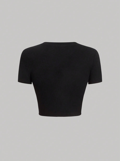 MOD 2 In 1 Lace Up Pu Leather And Different Material Splicing Short-Sleeved Round Neck Tee shein