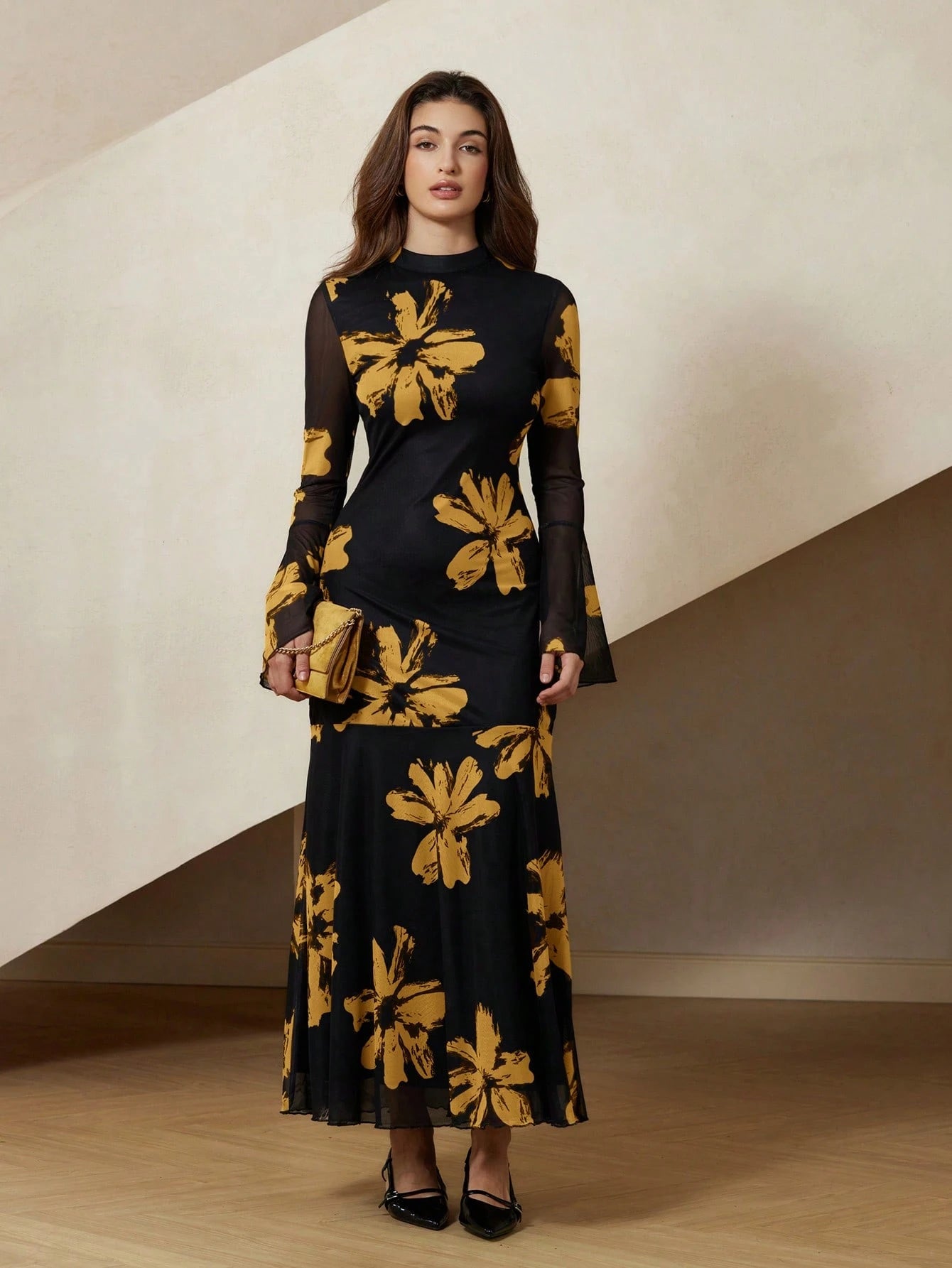 Rosie Elegant French Style Floral Print Bodycon Dress With Flared Sleeves And Mesh Details shein