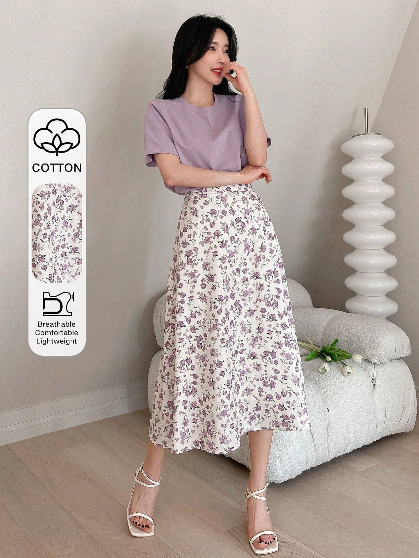 DAZY Solid Tee & Floral Print Skirt shein