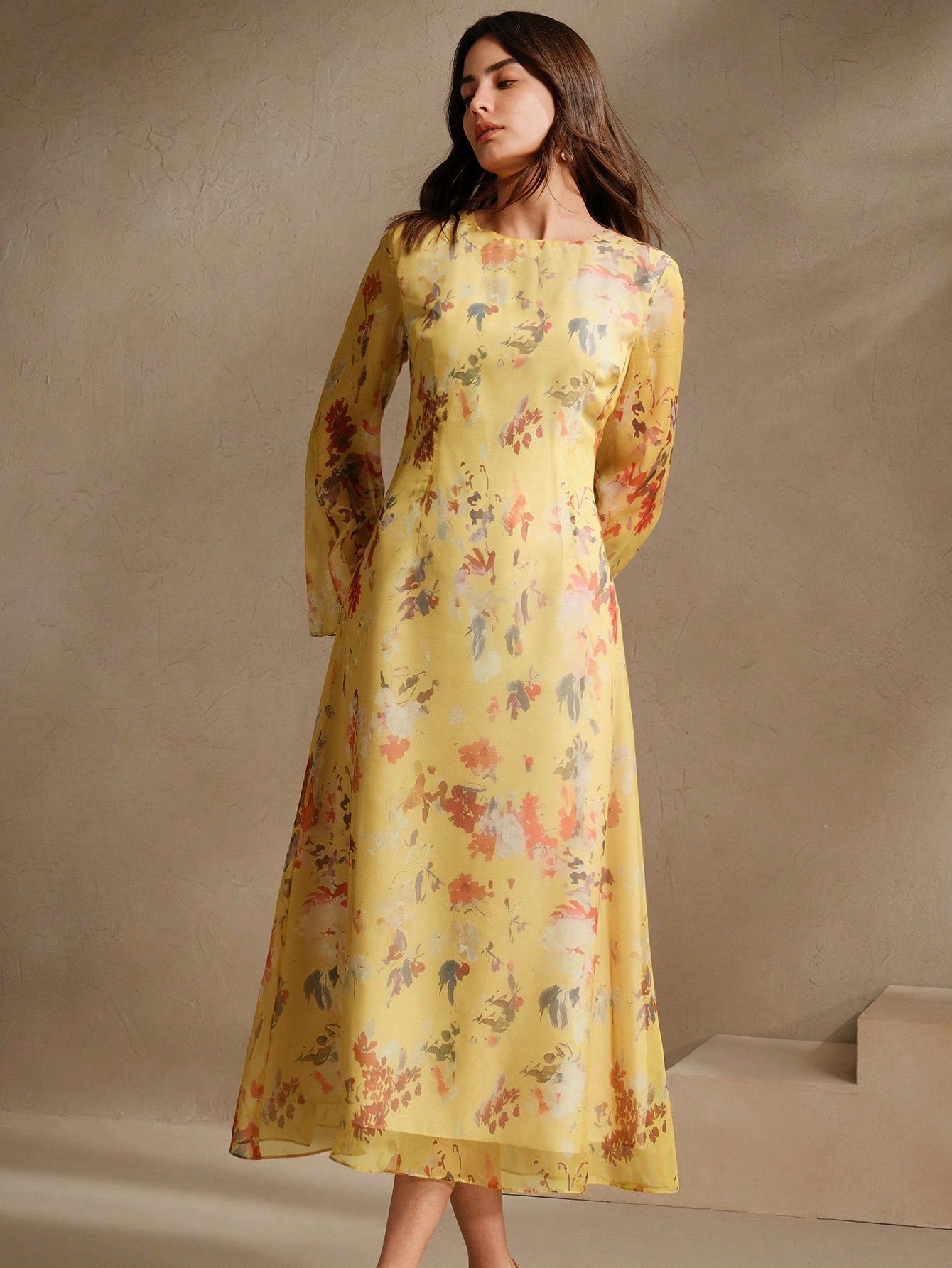 Women's Floral Print Vacation Style Long Sleeve Dress shein