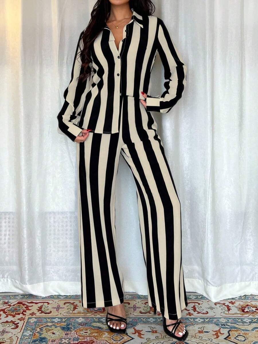 2pcs Women French Elegant Stripe Long Sleeve Buttoned Shirt And Wide Leg Pants shein