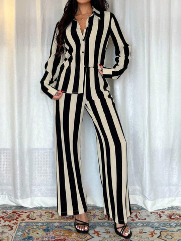 2pcs Women French Elegant Stripe Long Sleeve Buttoned Shirt And Wide Leg Pants