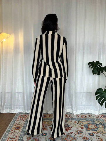 2pcs Women French Elegant Stripe Long Sleeve Buttoned Shirt And Wide Leg Pants
