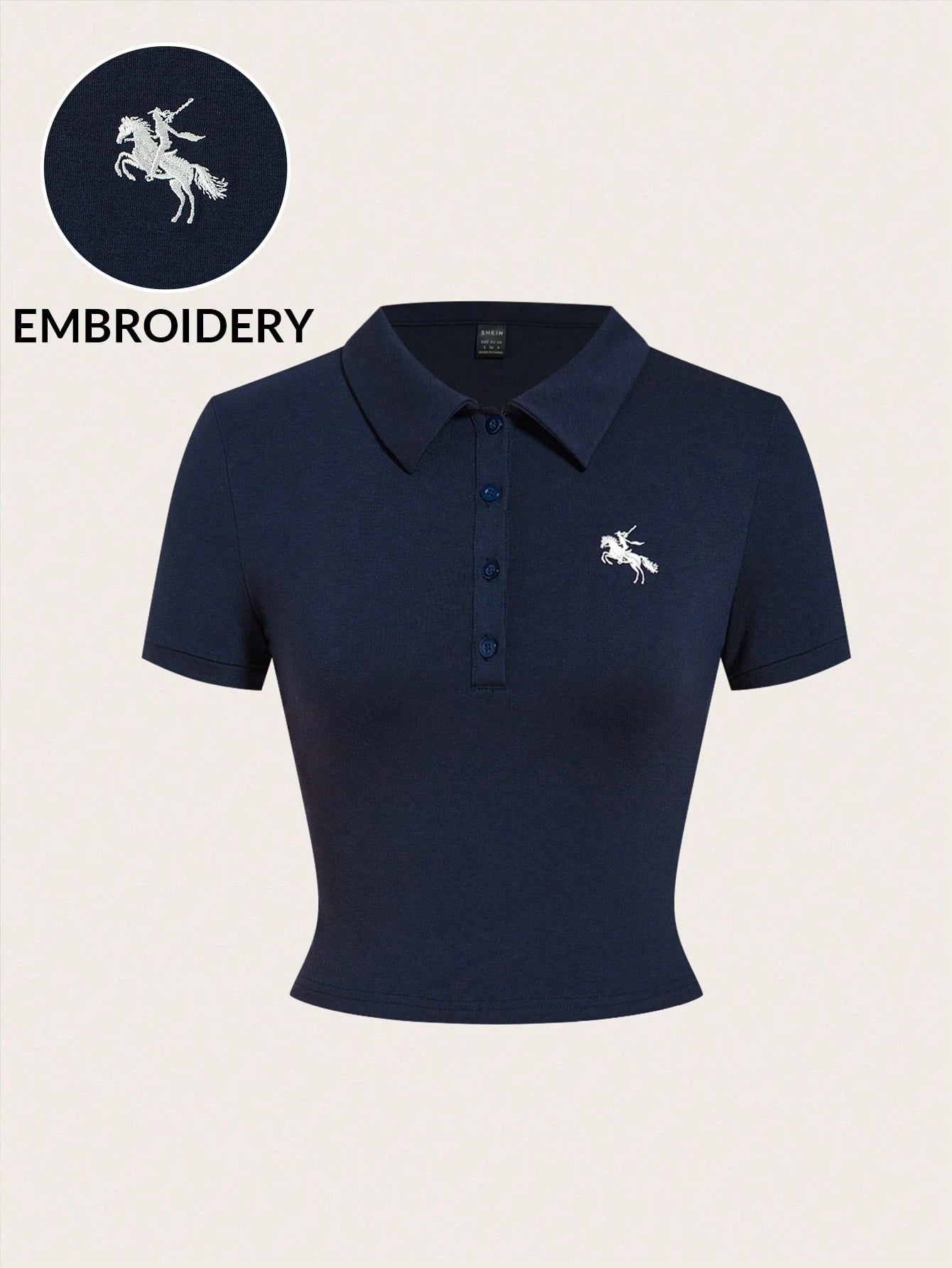 EZwear Women's Casual Blue Polo Collar Embroidered Short Sleeve Cropped T-Shirt shein