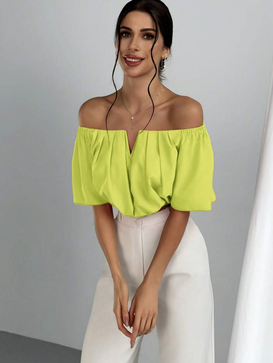 Women's Summer Solid Color Off Shoulder V Neck And Elastic Waist Blouse shein