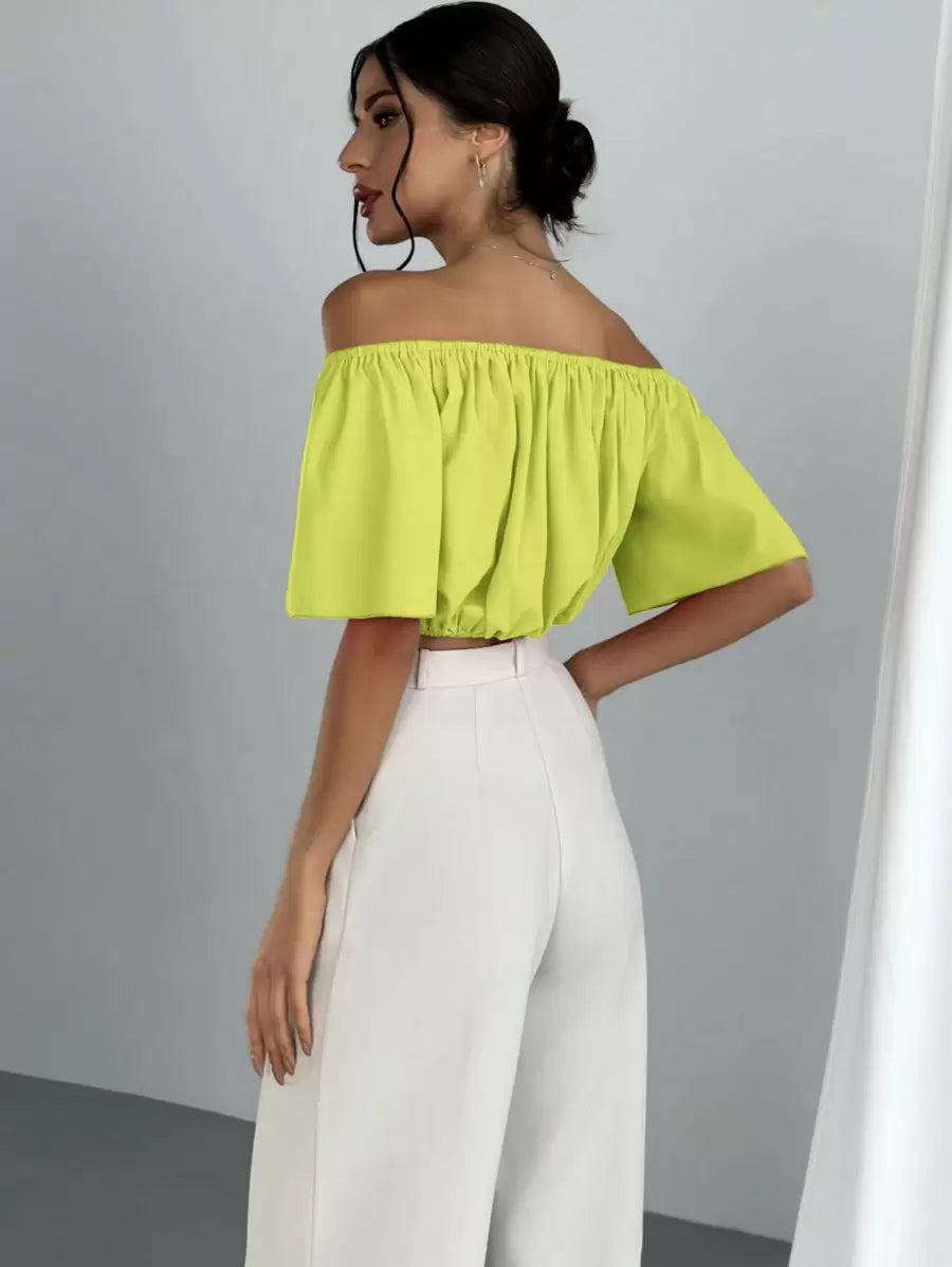 Women's Summer Solid Color Off Shoulder V Neck And Elastic Waist Blouse shein