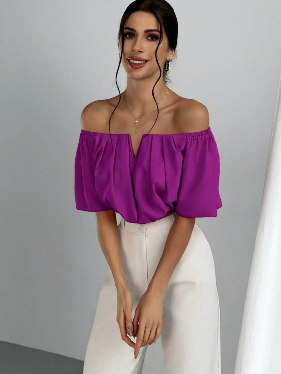 Women's Summer Solid Color Off Shoulder V Neck And Elastic Waist Blouse shein